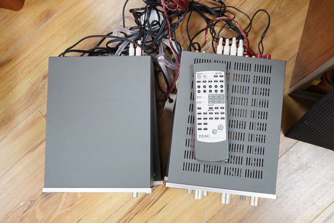 A TEAC four part Hi-Fi system with Celestrion F30 floor standing speakers, comprising a PD-H300C CD Player, a T-H300 AM/FM Tuner, an A-H300 integrated stereo amplifier, and a R-H300 stereo cassette deck, plus a remote co